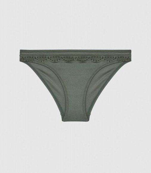 REISS DELLA CUTWORK TRIP BIKINI BRIEFS KHAKI ~ green mid-rise bikini bottoms