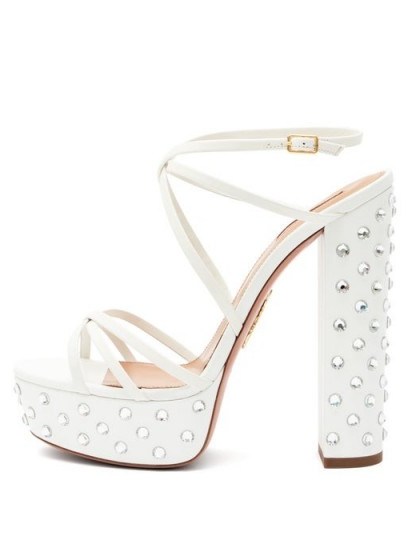 70s inspired shoes – AQUAZZURA Disco crystal-embellished leather platform sandals – white studded platforms - flipped