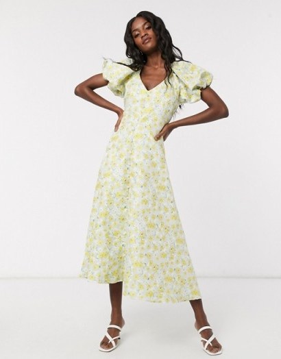 Dream Sister Jane midi tea dress with faux pearl buttons and puff sleeves in floral jacquard - flipped
