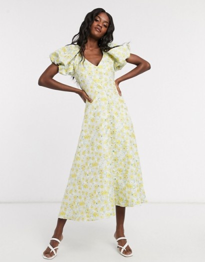 Dream Sister Jane midi tea dress with faux pearl buttons and puff sleeves in floral jacquard