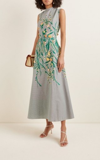 Lela Rose Embroidered Gingham Maxi Dress / floral embroidery - flipped
