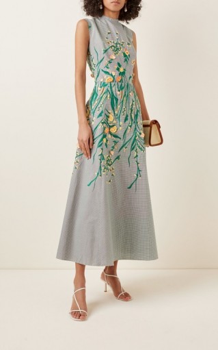 Lela Rose Embroidered Gingham Maxi Dress / floral embroidery