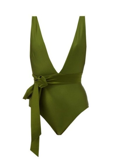 ZIMMERMANN Empire plunge-neck bow-waist swimsuit | deep plunging swimsuits | green swimwear - flipped