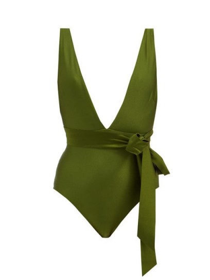 ZIMMERMANN Empire plunge-neck bow-waist swimsuit | deep plunging swimsuits | green swimwear