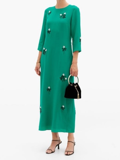 ERDEM Evanna green floral beaded silk crepe midi dress – fluid dresses