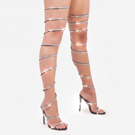 EGO Eyes On You Diamante Detail Thigh High Wrap Around Heel In Black Faux Leather – glamorous going out heels - flipped