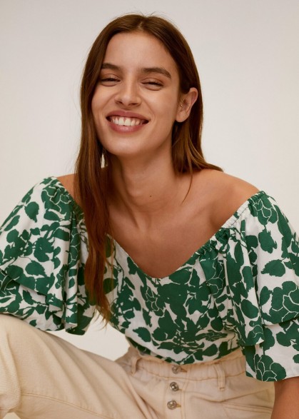 MANGO GLORIA Floral off-shoulder blouse | tiered green bardot top