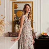 BALZAC PARIS X LA REDOUTE COLLECTIONS Floral Print Sleeveless Maxi Dress with Plunge Neck and Ruffles