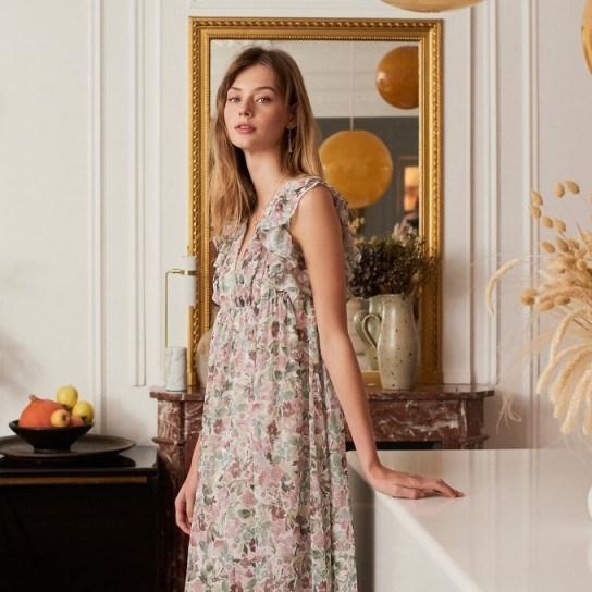 BALZAC PARIS X LA REDOUTE COLLECTIONS Floral Print Sleeveless Maxi Dress with Plunge Neck and Ruffles - flipped