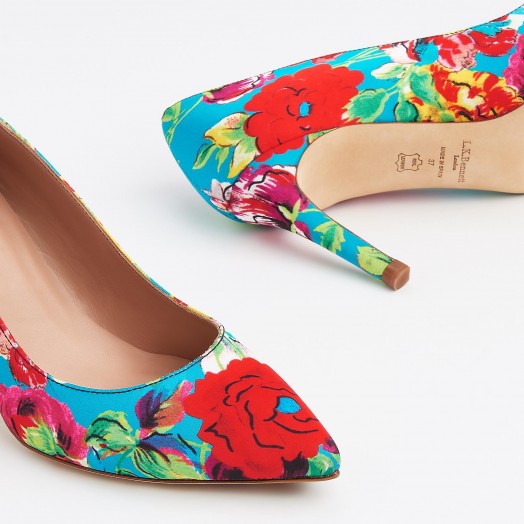 L.K. BENNETT FLORET PEONY PRINT SILK POINTED TOE COURTS / bright court shoes