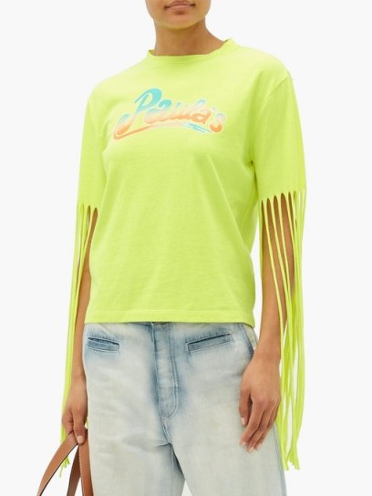 LOEWE PAULA’S IBIZA Fringed logo-print jersey T-shirt in neon-yellow / bright boho tee