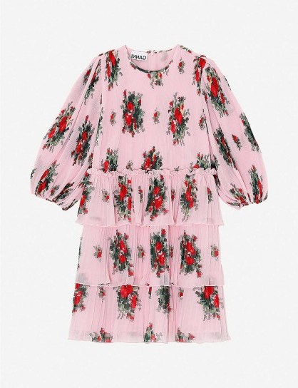 GANNI Floral-print recycled-polyester georgette mini dress ~ pink tiered dresses - flipped