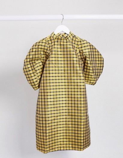 Ghospell mini dress with puff sleeves in yellow black check