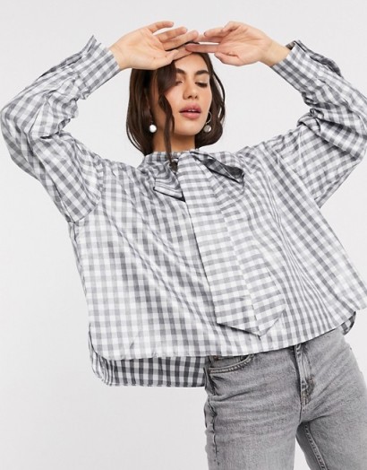 Ghospell oversized shirt in high shine blue check with pussybow tie