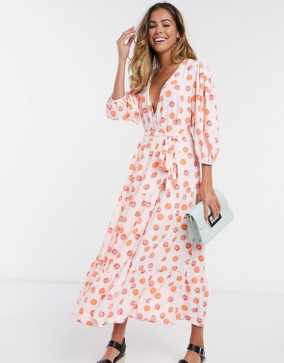 Glamorous midaxi dress with wrap front and tiered skirt in grapefruit print