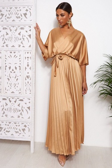 THE FASHION BIBLE GOLD CAPE SLEEVE SATIN MAXI DRESS – long wrap style dresses - flipped