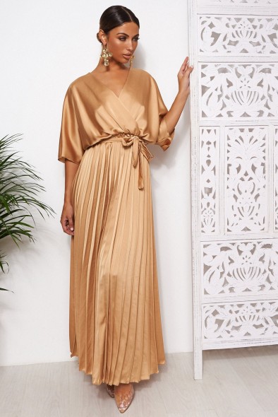 THE FASHION BIBLE GOLD CAPE SLEEVE SATIN MAXI DRESS – long wrap style dresses