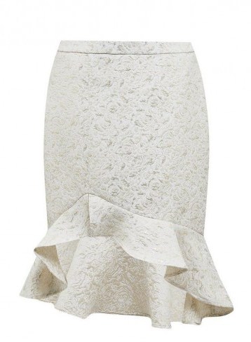 MISS SELFRIDGE Gold Jacquard Floral Print Fishtail Pencil Skirt – frill hem skirts - flipped