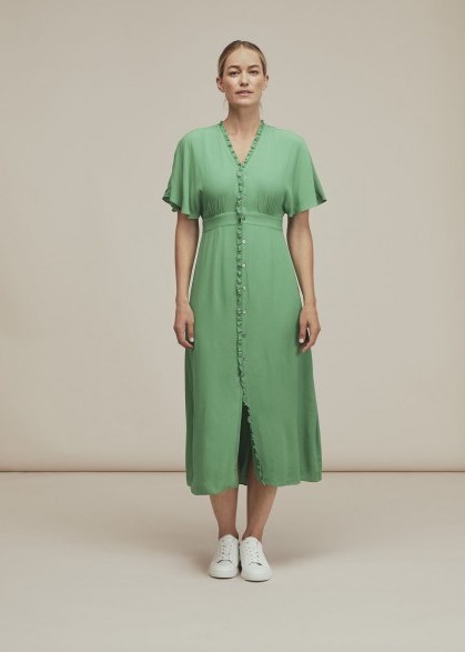 WHISTLES ELLA V NECK DRESS GREEN ~ day dresses - flipped