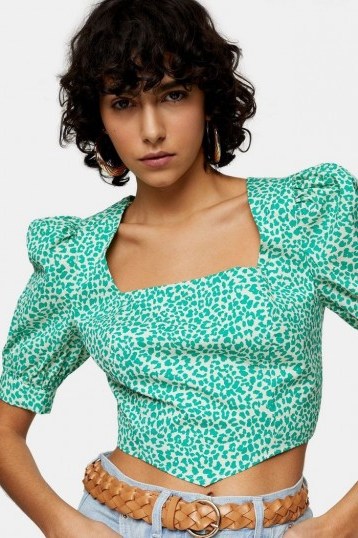 TOPSHOP Green Leopard Print Corset Top / puff sleeve crop tops - flipped