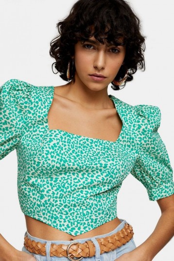 TOPSHOP Green Leopard Print Corset Top / puff sleeve crop tops