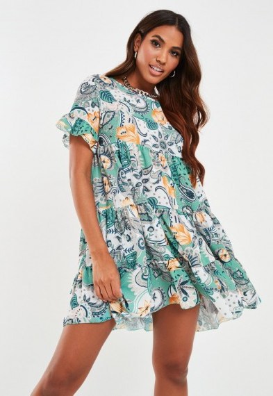 MISSGUIDED green paisley print tiered smock dress / loose fit ruffled dresses - flipped