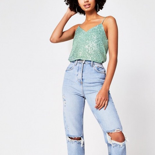 RIVER ISLAND Green sequin cami top – sequinned camisoles - flipped