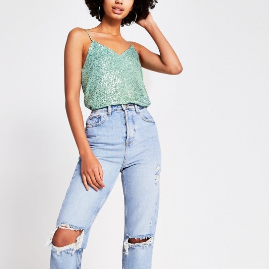 RIVER ISLAND Green sequin cami top – sequinned camisoles