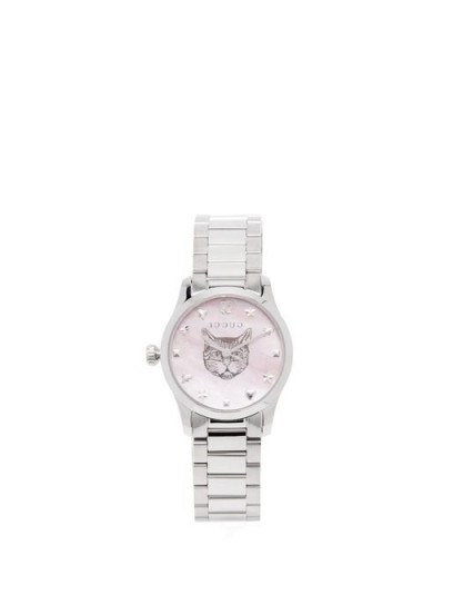 GUCCI G-Timeless mother-of-pearl & stainless-steel watch / cat print round face watches - flipped