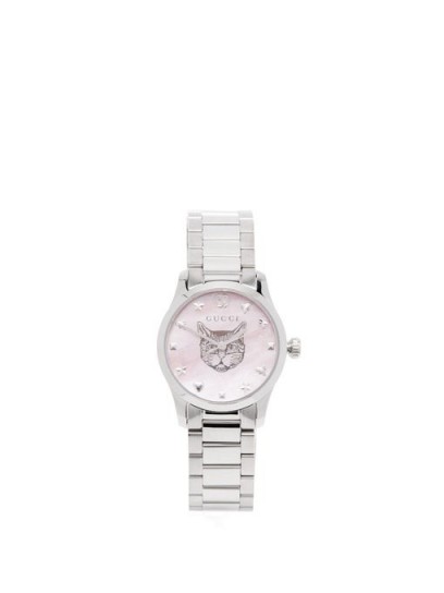 GUCCI G-Timeless mother-of-pearl & stainless-steel watch / cat print round face watches