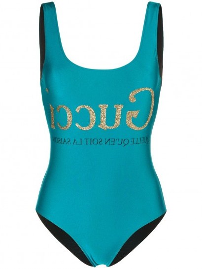 GUCCI glitter logo swimsuit in blue ~ designer swimwear - flipped