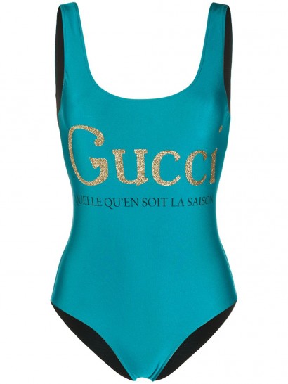 GUCCI glitter logo swimsuit in blue ~ designer swimwear