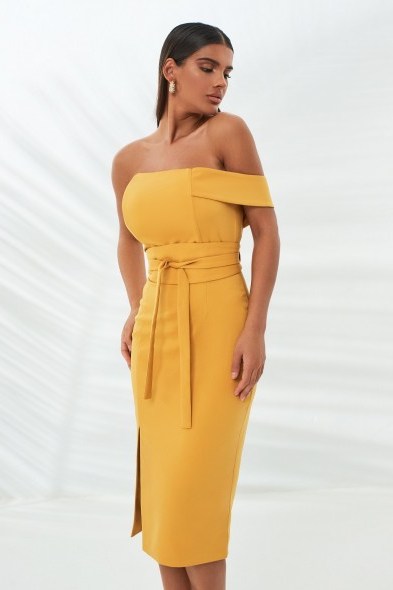LAVISH ALICE high apex bandeau mid dress with obi belt in turmeric – yellow pencil dresses - flipped