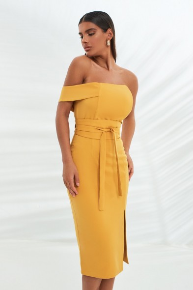LAVISH ALICE high apex bandeau mid dress with obi belt in turmeric – yellow pencil dresses
