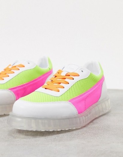 Joshua Sanders low top trainer with transparent sole in neon pink and yellow / bright trainers - flipped