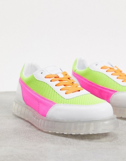 Joshua Sanders low top trainer with transparent sole in neon pink and yellow / bright trainers
