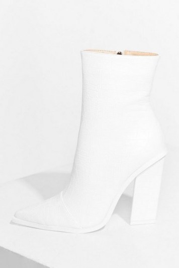 NASTY GAL Just Croc Off Faux Leather Heeled Boots – white embossed block heel boot - flipped