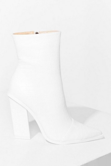 NASTY GAL Just Croc Off Faux Leather Heeled Boots – white embossed block heel boot