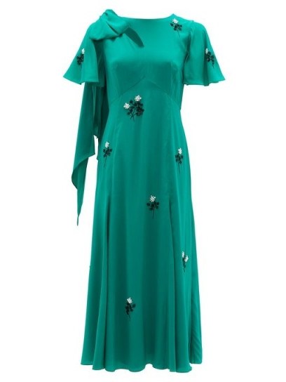 ERDEM Kirstie floral-beaded bias-cut silk dress ~ green flutter sleeve dresses - flipped