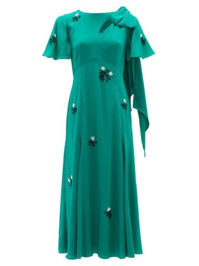 ERDEM Kirstie floral-beaded bias-cut silk dress ~ green flutter sleeve dresses