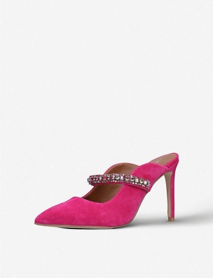 KURT GEIGER LONDON Duke crystal-embellished suede courts ~ pink high heel mules - flipped