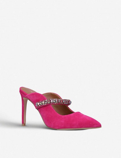 KURT GEIGER LONDON Duke crystal-embellished suede courts ~ pink high heel mules