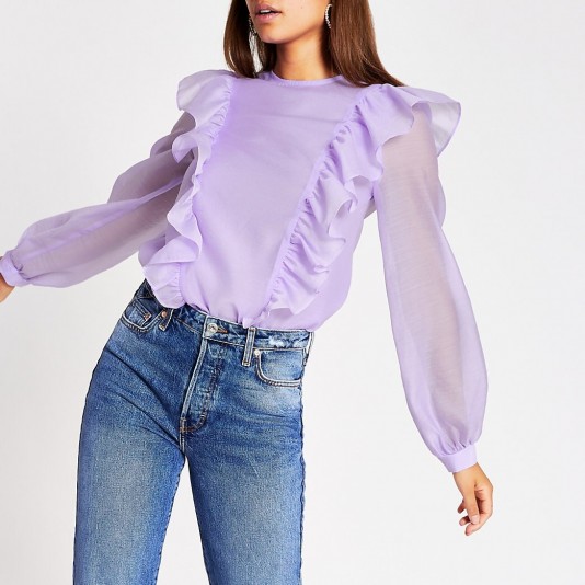 RIVER ISLAND Light purple frill sheer top – ruffle detail blouse