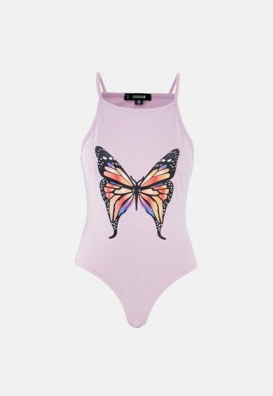 MISSGUIDED lilac butterfly print racer neck bodysuit - flipped