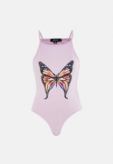 MISSGUIDED lilac butterfly print racer neck bodysuit
