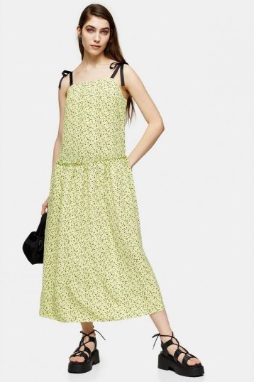 TOPSHOP Lime Green Floral Drop Waist Midi Dress - flipped