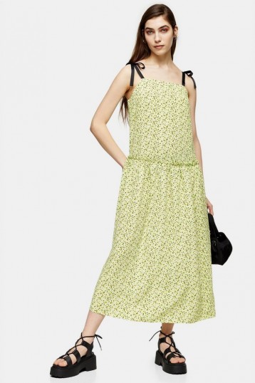 TOPSHOP Lime Green Floral Drop Waist Midi Dress