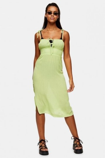 TOPSHOP Lime Green Ruched Front Midi Dress side split summer dresses - flipped