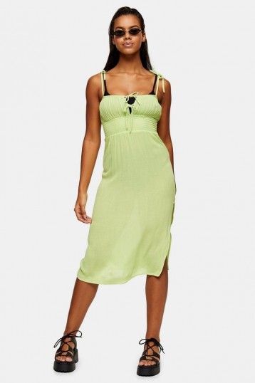 TOPSHOP Lime Green Ruched Front Midi Dress side split summer dresses