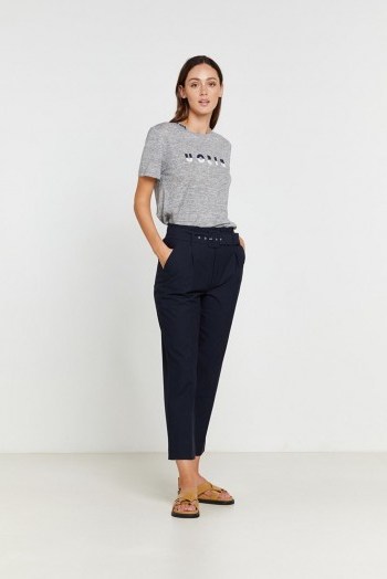 LINDEN PANT NAVY – High waisted silhouette – Hip pockets – Self belt – Ankle grazing cigarette let profile - flipped
